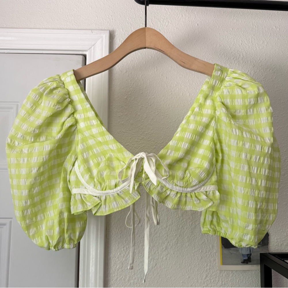 FOR LOVE & LEMONS neon lime green white‎ gingham plaid puff short sleeve blouse